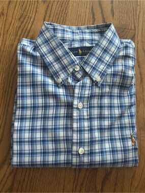 Ralph Lauren Men's Blue and White Plaid Button-Down Shirt